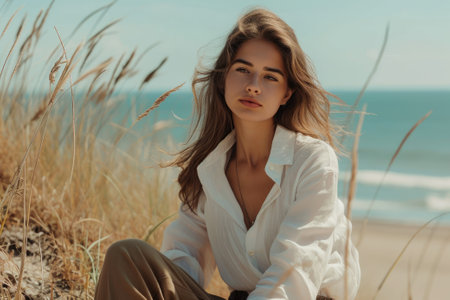 Young woman in a white shirt sitting by the sea.の素材