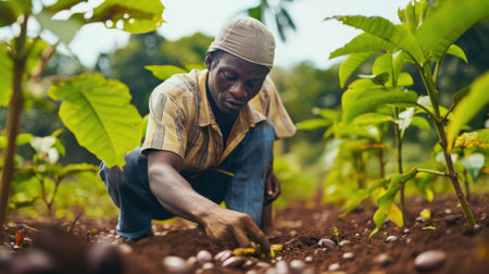 Man of African descent, engaging in reforestation efforts. Volunteers working on a reforestation project.の素材