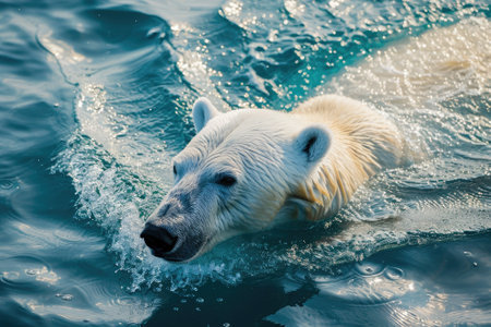 Polar bear swimming in the blue arctic ocean on a clear sunny dayの素材