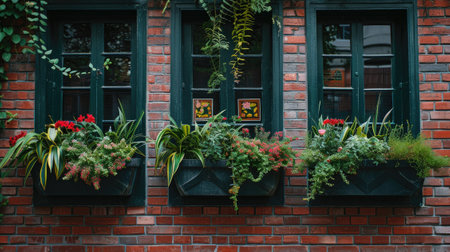 Window boxes with plants on the side of a brick buildingの素材