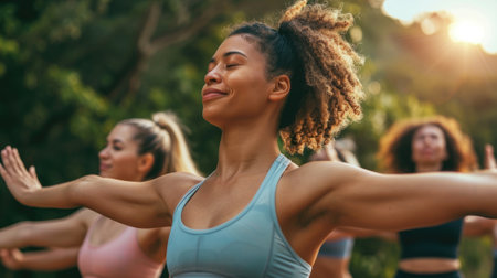 Beautiful fit women doing breath exercise together with outstretched arms.の素材
