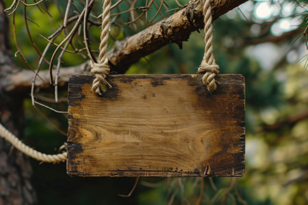 Empty advertising board on thread outdoors in nature. Wooden blank banner hanging on ropes. Place for text.の素材