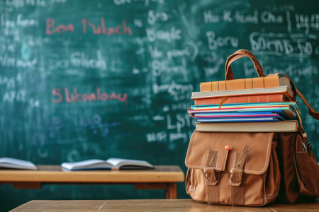 School bag and textbooks in front of a blackboard on a school desk. Back to school concept.の素材