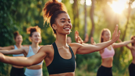 Beautiful fit women doing breath exercise together with outstretched arms.の素材