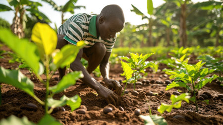Man of African descent, engaging in reforestation efforts. Volunteers working on a reforestation project.の素材
