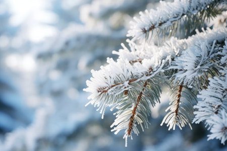 Close up of fir tree branches covered with melting snow and icicles in morning winter forest.の素材