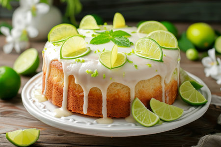 Delicious lime cake with fresh lime slices and limes.の素材