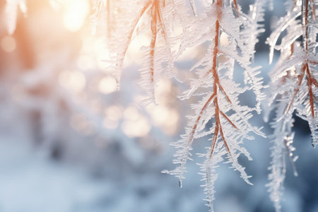 Close up of fir tree branches covered with melting snow and icicles in morning winter forest.の素材