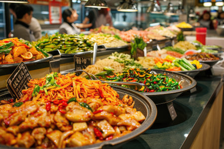Traditional Asian food sold in an European shopping mall food courtの素材