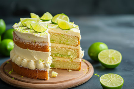 Delicious lime cake with fresh lime slices and limes.の素材