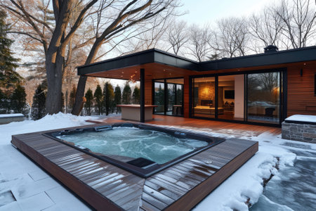 A modern outdoor hot tub embedded into the terrace on a cold winter's day.の素材