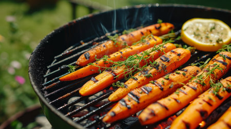 Grilled carrots in a herbal marinade on a grill plate, outdoor, top view. Grilled vegetarian foodの素材
