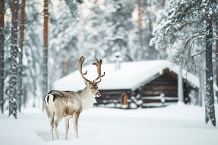 Deer in winter forest against the background of a snow-covered forest hut.の素材