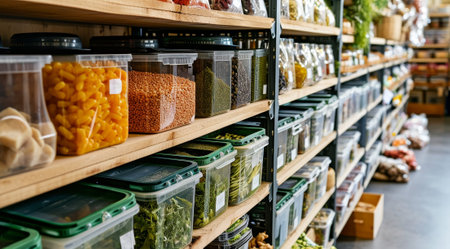 Zero waste shop interior details. Wooden shelves with different food.の素材