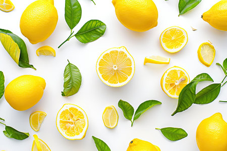 Yellow lemons with green leaves on white background. Tropical organic fruit with vitamin C.の素材