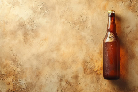 Beer advertisement background with copy space. A bottle of beer on a wooden background.の素材