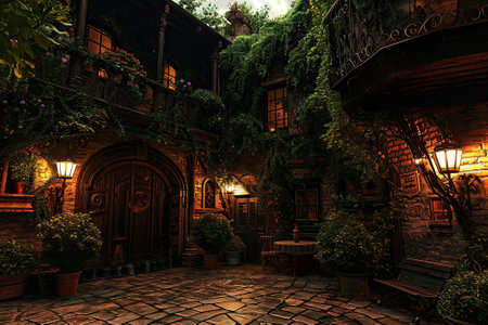 Courtyard with spotlights, the old city at night.の素材