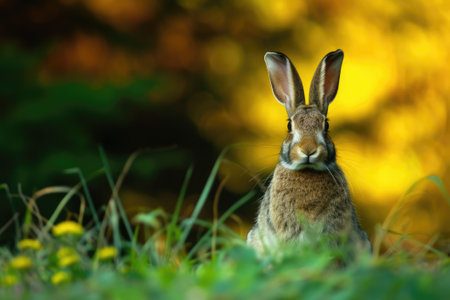 Brown rabbit standing in a field.の素材