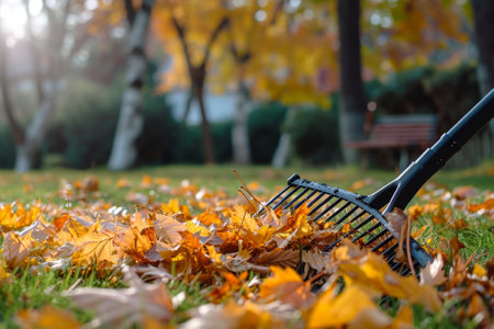 Photo raking leaves with fan rake from the lawn.の素材