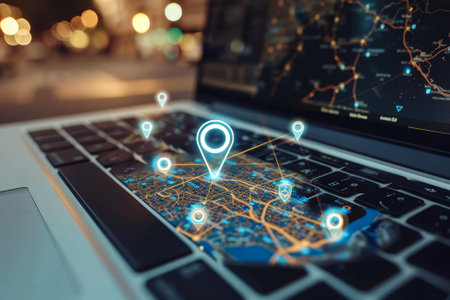 An open laptop with a world map on the screen, showcasing the power of the internet in accessing information worldwide. Concept of global connectivity.の素材