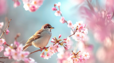 Little bird sitting on branch of blossom cherry tree. Spring time.の素材