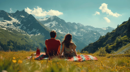 Couple together having a picnic in the mountains.の素材