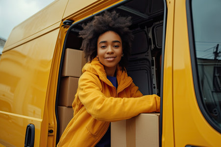 Delivery woman in her van, shipping and parcel package, courier and delivery truck concept.の素材