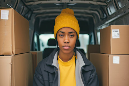 Delivery woman in her van, shipping and parcel package, courier and delivery truck concept.の素材