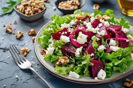 Healthy salad with beet, green mix lettuce, nuts, feta cheeseの素材