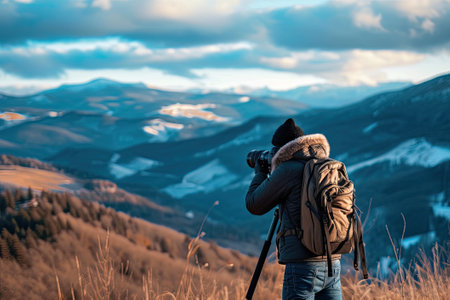 Professional photographer taking picture with modern camera in mountains.の素材