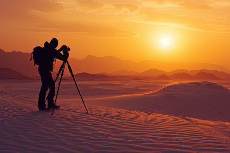 Photographer shooting in the desert on a sand duneの素材