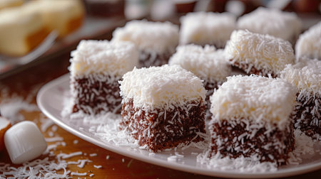 Lamingtons, sponge cake with chocolate and coconut.の素材