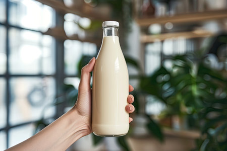 Hand holding bottle of milk.の素材