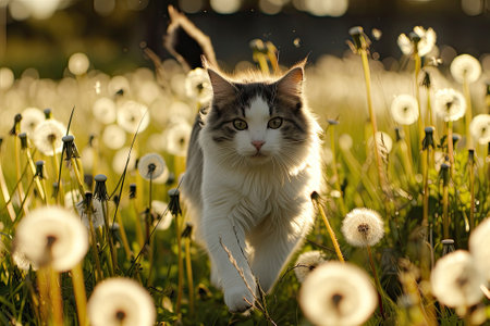 Cat running through field of dandelions.の素材