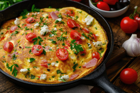 Omelet with tomatoes and feta cheese in pan top view.の素材
