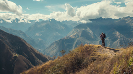 Professional photographer taking picture with modern camera in mountains.の素材