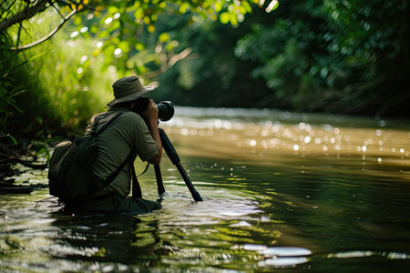 Nature photographer shooting a scene in a river.の素材