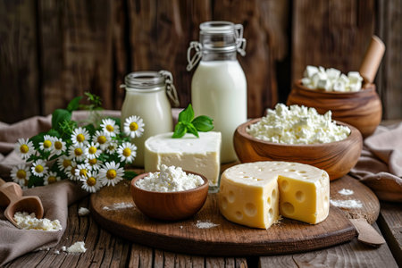 -Dairy products on wooden table.の素材