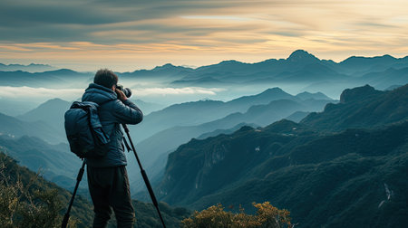 Professional photographer taking picture with modern camera in mountains.の素材
