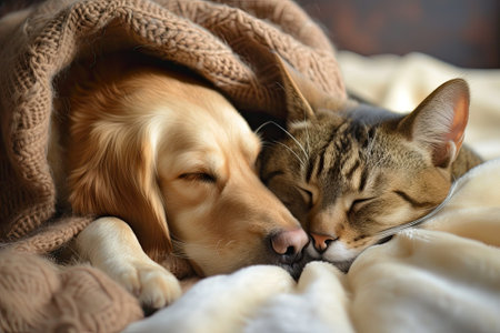 Cute dog and cat sleeping together in bed under blanket. Friendship of cute pets concept.の素材