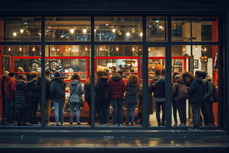 Line of people queued up in line, waiting to buy in a shop, store discountsの素材