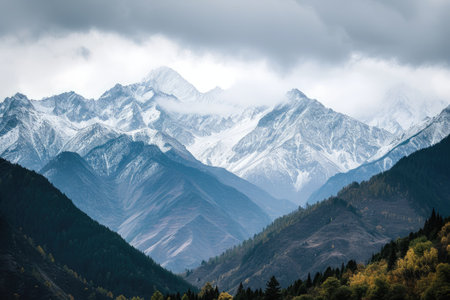 Mountain landscape of snow-capped mountains.の素材