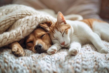 Cute dog and cat sleeping together in bed under blanket. Friendship of cute pets concept.の素材