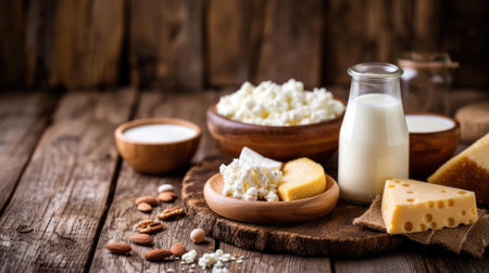 -Dairy products on wooden table.の素材