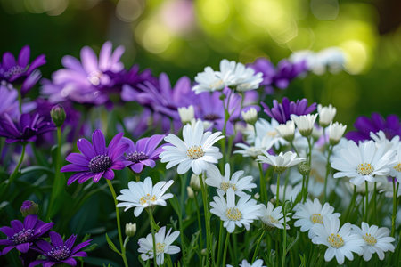 White and purple flowers in the park on a sunny day.の素材