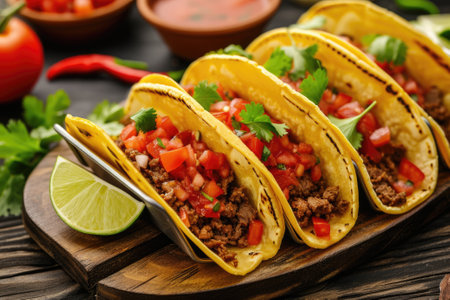 Mexican tacos with beef in tomato sauce and salsa.の素材