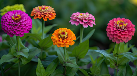 In a flower bed in a large number of various zinnias grow and blossom.の素材