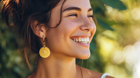 Earrings on smiling womanの素材