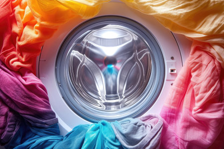 Washing machine with colored clothes inside.の素材