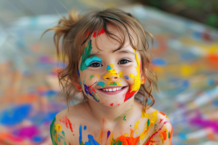 Beautiful young child covered in colorful paint, kid fun activity concept.の素材